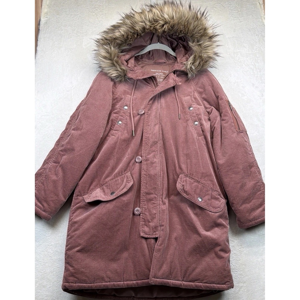 American Eagle Corduroy Utility Parka Women M Pink Blush Faux Fur Hood Jacket